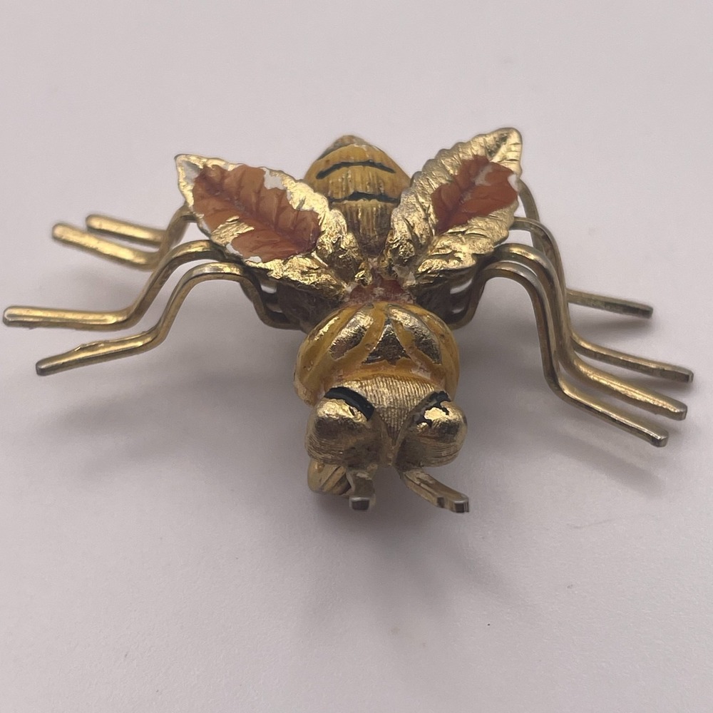 Vintage 1960s Gold Tone Enamel Bumble Bee Insect Brooch Pin Yellow Brown Classic